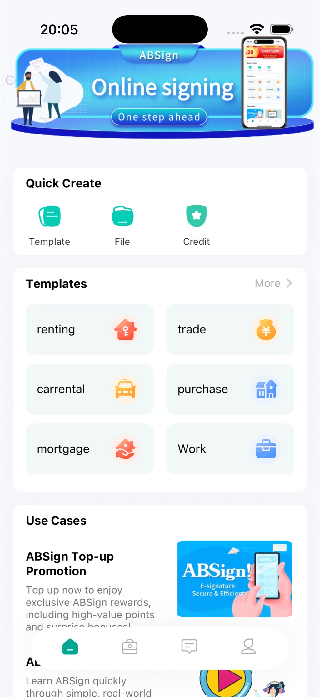 ABSign app home screen
