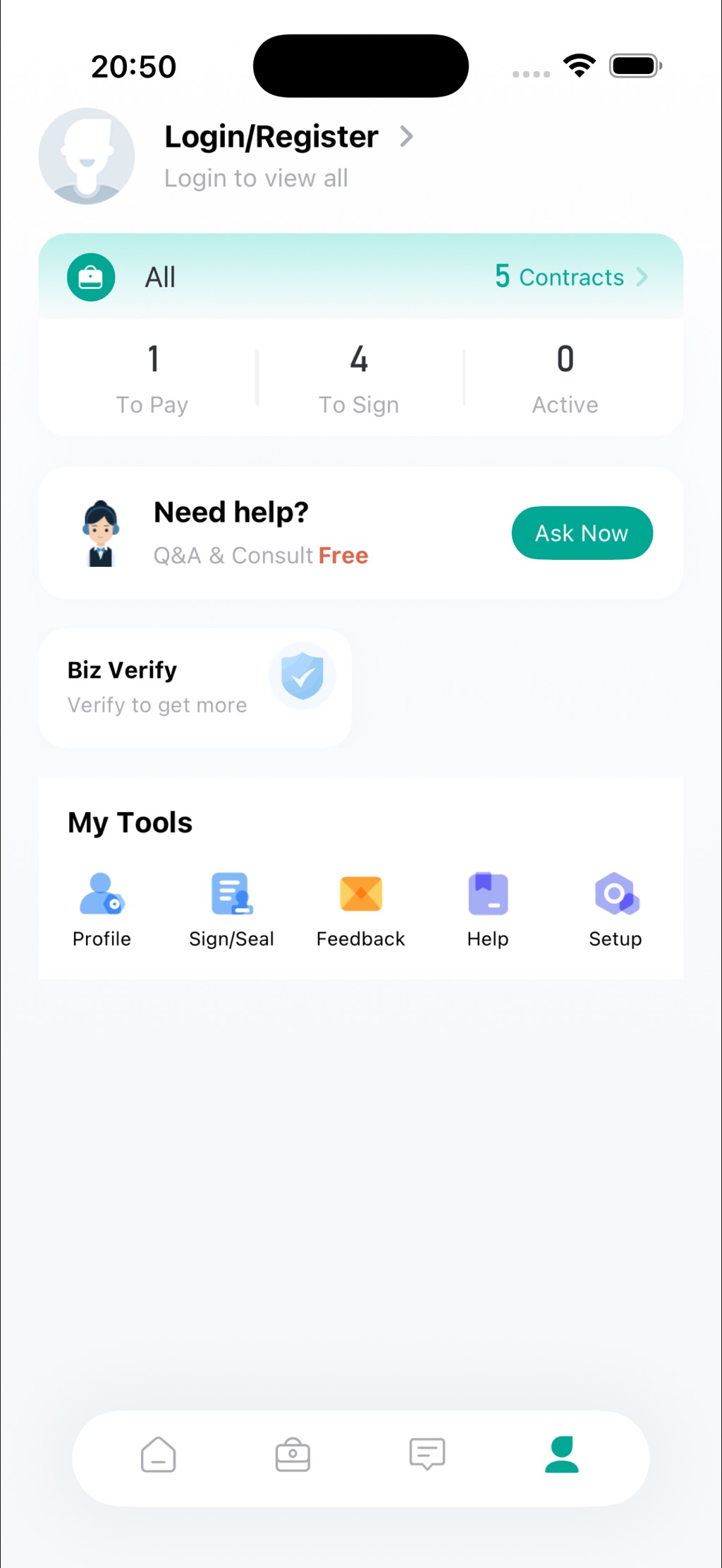 ABSign Me tab with login and contract counters