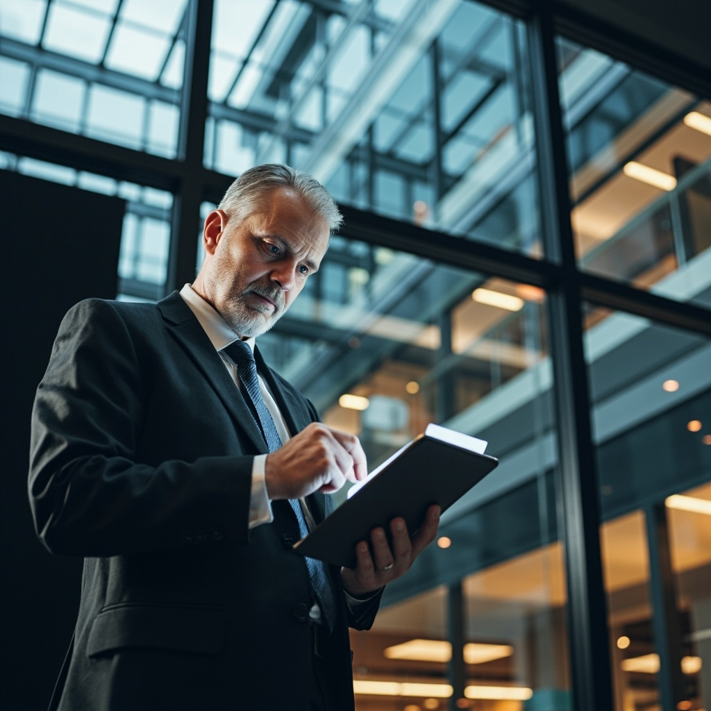 Legal professional reviewing electronic signature documents in modern office