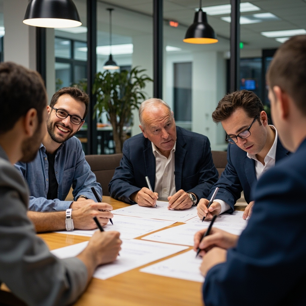 Business team signing multi-party contract agreement
